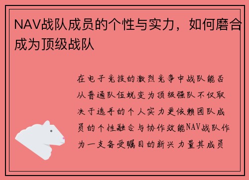 NAV战队成员的个性与实力，如何磨合成为顶级战队