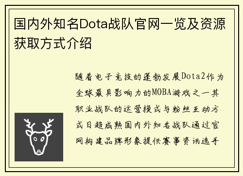 国内外知名Dota战队官网一览及资源获取方式介绍