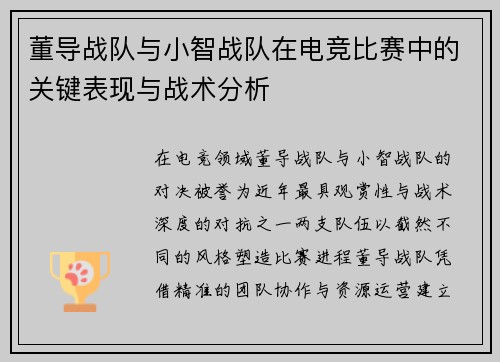 董导战队与小智战队在电竞比赛中的关键表现与战术分析