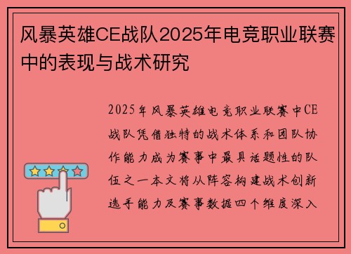 风暴英雄CE战队2025年电竞职业联赛中的表现与战术研究