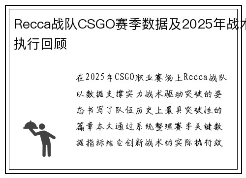 Recca战队CSGO赛季数据及2025年战术执行回顾