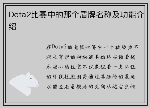 Dota2比赛中的那个盾牌名称及功能介绍